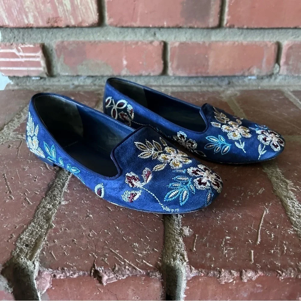 Tory Burch Embroidered Floral Suede Smoking Slippers in Navy Blue Sz 5